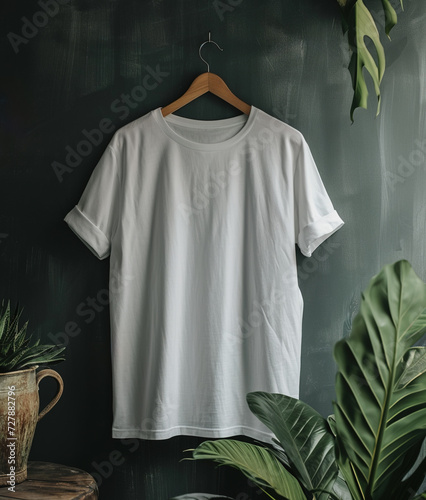 White t-shirt on hanger. 