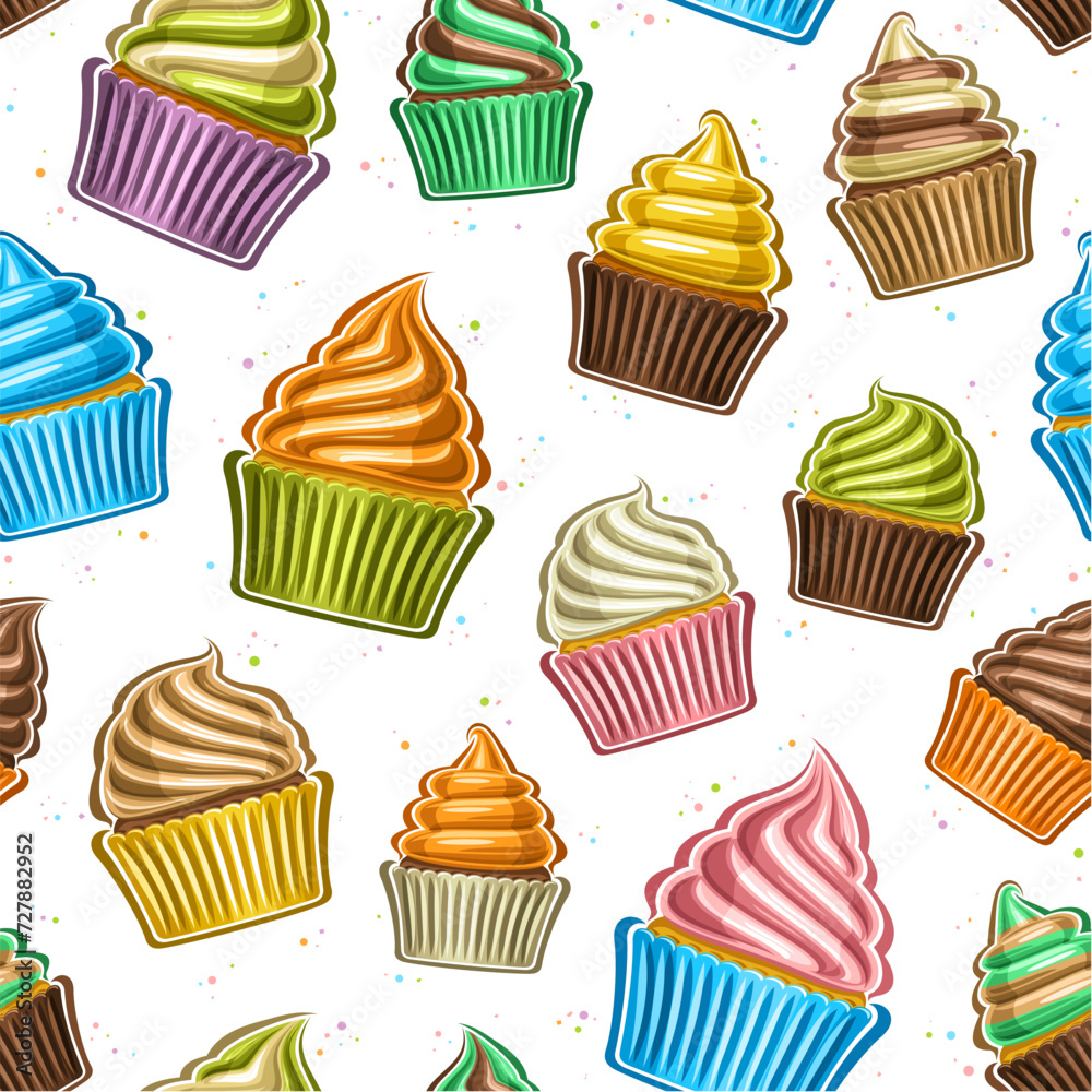 Vector Cupcake Seamless Pattern, decorative repeat background with illustration of variety small cupcakes, packed in colorful wrapper, square poster with flying flat lay cupcakes on white background Vector Cupcake Seamless Pattern, decorative repeat background with illustration of variety small cupcakes, packed in colorful wrapper, square poster with flying flat lay cupcakes on white background