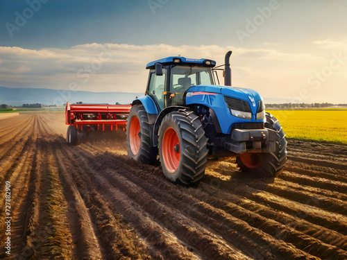 Agricultural landscape with tractor sowing crops and plowing agricultural field. Tractor working on farm  sustainable farming