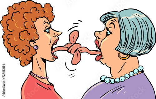 The tongue sometimes hurts more than a knife. Arguing between people does not lead to anything good. Two aged women stand opposite each other with intertwined tongues.