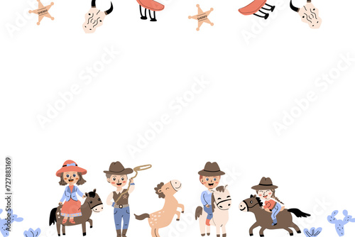 cowboy kids party cartoon background with boys and girls. Vector illustration isolated. Can used for invitation, greeting card, celebration design. Horizontal banner with kids and horses. 
