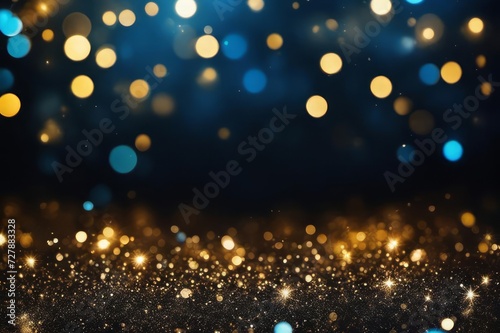 De focused blue gold background of abstract glitter lights. 