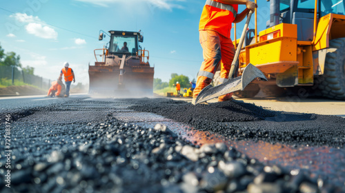 Road construction workers' teamwork, tarmac laying works at a road construction site, hot asphalt gravel leveled by workers, and road surface repair.. photo