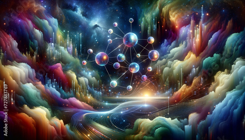 Cosmic Dreamscape: Vibrant lending club network with glowing orbs and celestial backdrop.
