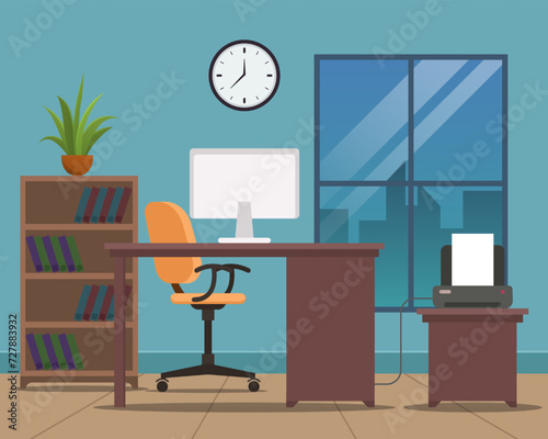 Modern Design of office interior. Office workplace with office table and chair, monitor flat graphic. © KSachin