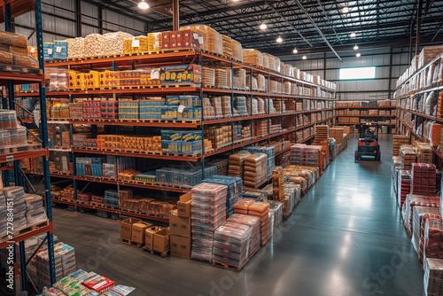 In a well-organized warehouse, volunteers sort through massive quantities of donated food. 