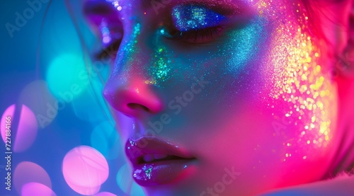 Vibrant Neon Makeup on a Fashion Model. Generative ai