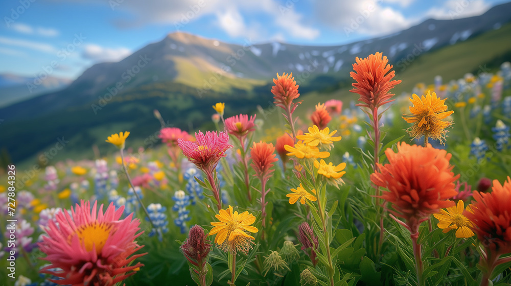 Magic colorful flowers on summer mountain, A lot of colorful poppy in the field, mountainous vistas, and a bright blue sky in the background. View of beautiful cosmos flower field in sunset time.