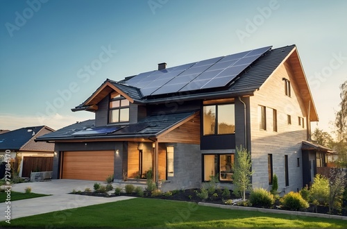 House with garden and solar panels on the roof, Modern eco-friendly passive house with solar panels