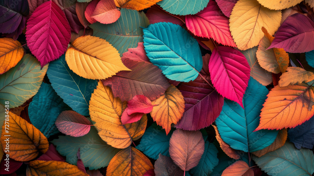 vibrant colorful leaves background. Pile of colorful autumn leaves. Close up of bright leaves background. Close-up of bright colored leaves as an abstract background. Watercolor illustration.