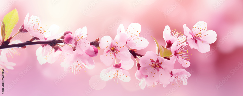 Pink spring blossom, panoramic view, floral card design, generated by AI
