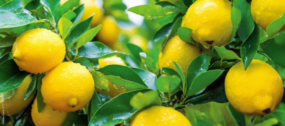 Lemons washed by rain on a tree. Concept of organic healthy food and non-GMO citrus fruits.
Banner