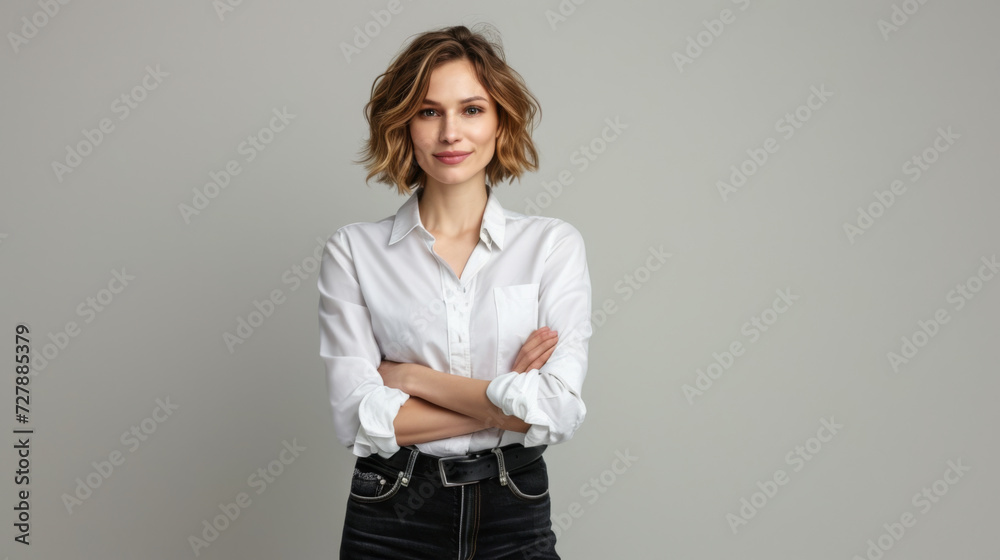 woman with short blonde hair and a confident smile is wearing a white shirt and stands with her arms crossed against a light grey background woman with short blonde hair and a confident smile is wearing a white shirt and stands with her arms crossed against a light grey background