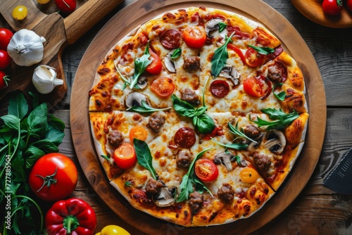 Delicious pizza with sausage, tomatoes, cheese and herbs on the table, top view
​ photo