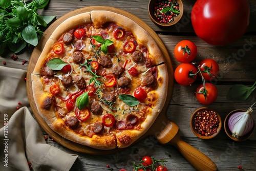 Delicious pizza with sausage, tomatoes, cheese and herbs on the table, top view
​ photo