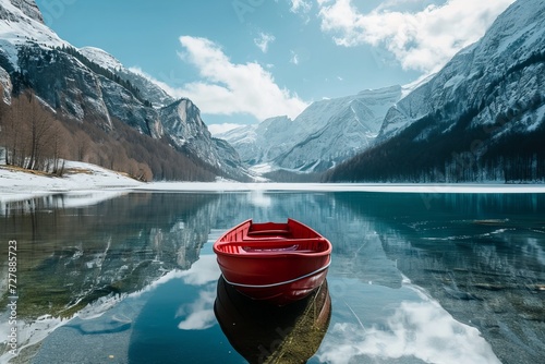 Red boat on a lake with clear water against the background of mountain slopes and the sky. The concept of vacation, travel, tourism.