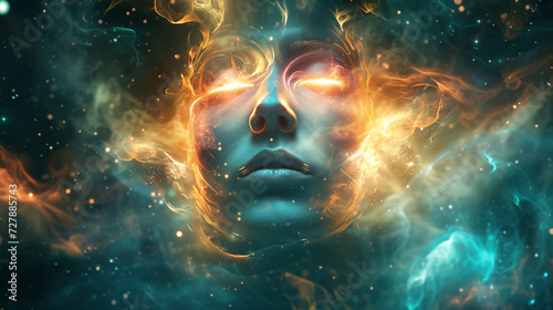 Digital Human Face Illustration, Fusion of Facial Features and Subtle Strands of Glowing Energy Illuminated Against a Celestial Backdrop.