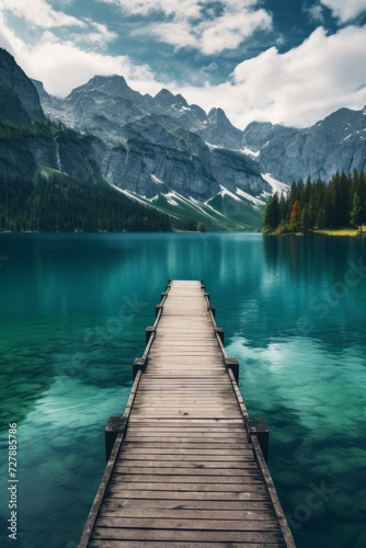 Wooden pier on a lake among the mountains and against the background of a forest, reflection of the surrounding landscape in the water. The concept of vacation, travel, tourism, vertical © Tatiana