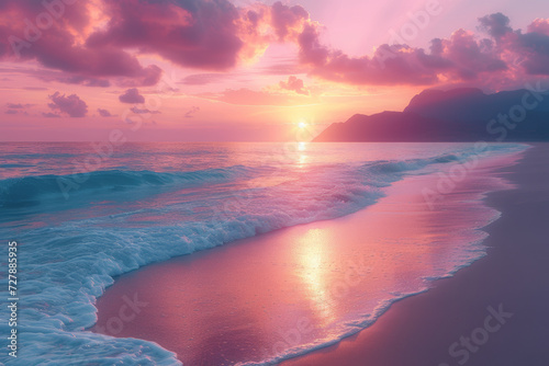 A coastal sunset casting a warm and comforting glow on a peaceful beach, where the sky transitions from shades of orange to pink. Concept of serenity in coastal hues. Generative Ai.