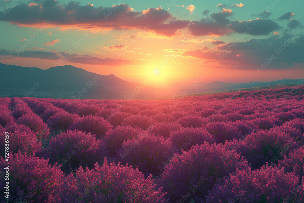 A radiant sun setting over a lavender field, casting a warm and dreamy glow over the landscape. Concept of nature's enchanting hues. Generative Ai.