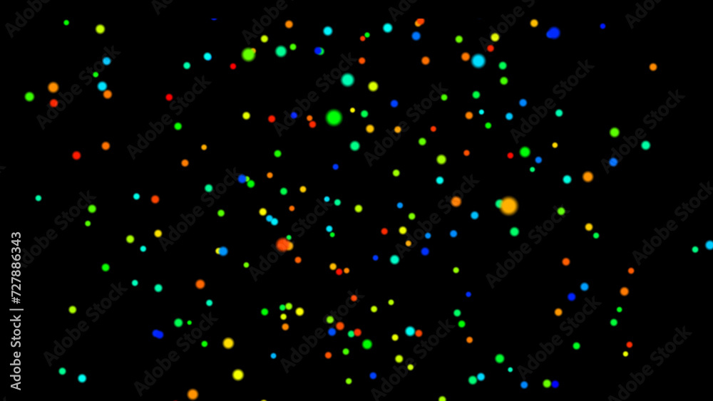 Multi-colored particles fly randomly in endless outer space. 3D. 4K. Isolated black background.
