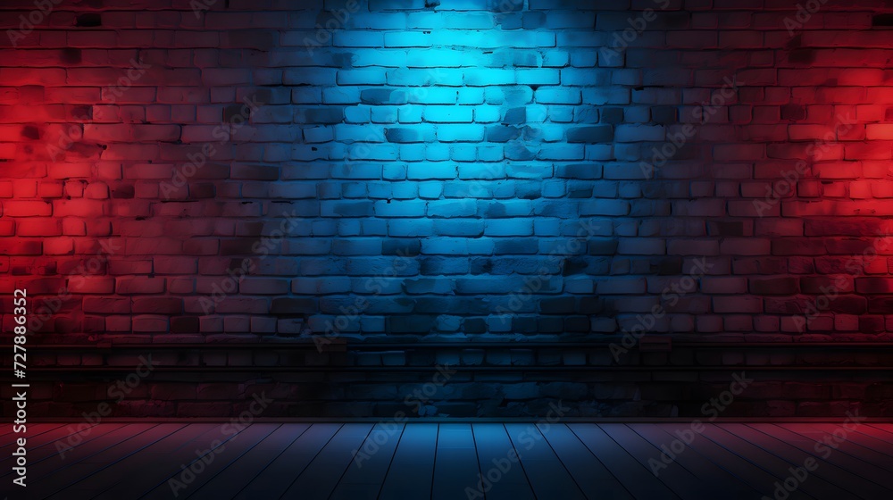 a red and blue brick wall with a wooden floor a red and blue brick wall with a wooden floor