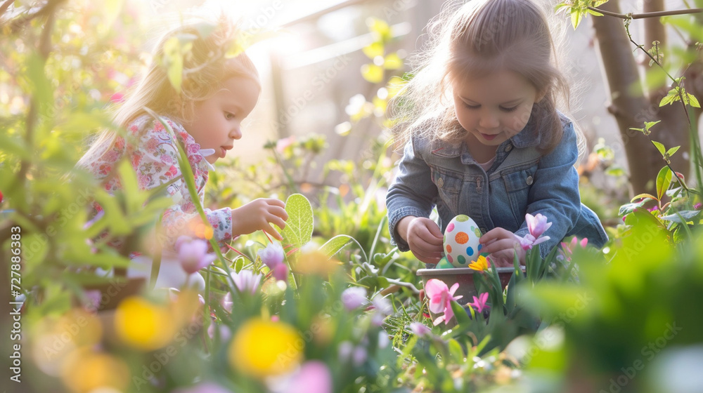 Children on an Easter egg hunt in a blooming garden, with colorful eggs hidden among flowers and plants, Easter Monday concept, dynamic and dramatic compositions, with copy space