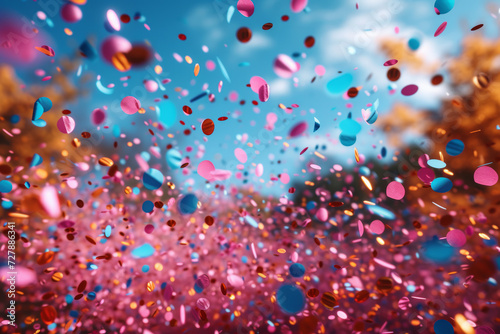A radiant burst of confetti filling the air during a festive celebration, capturing the essence of shared excitement and jubilation. Concept of celebratory euphoria. Generative Ai.