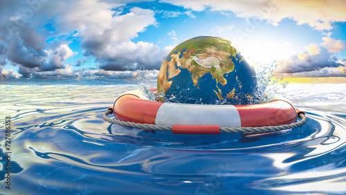Obraz na płótnie Rettungsring in rot mit Erde treibt auf dem Meer mit Wolkenhimmel und Sonnenschein im Hintergrund - Earth Rescue w salonie
