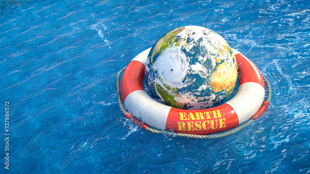 Erde mit Wolken und Hurrikan in einem roten Rettungsring treibt in welligem Meer - Earth Rescue