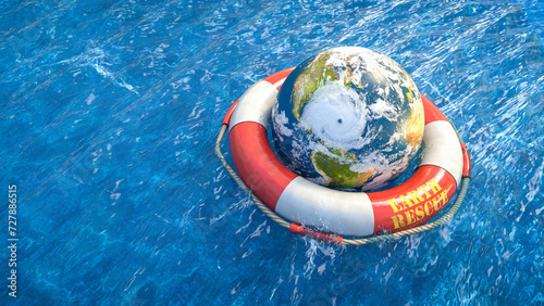 Obraz na płótnie Erde mit Wolken und Hurrikan in einem roten Rettungsring treibt in welligem Meer - Earth Rescue w salonie