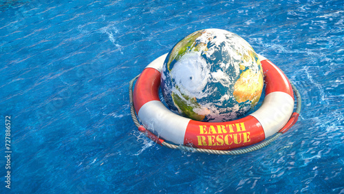 Obraz na płótnie Erde mit Wolken und Hurrikan in einem roten Rettungsring treibt in welligem Meer - Earth Rescue w salonie