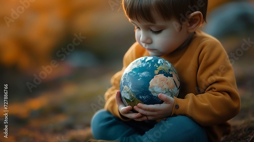Small boy carefully hugging an earth globe