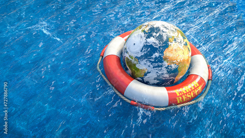 Obraz na płótnie Erde mit Wolken und Hurrikan in einem roten Rettungsring treibt in welligem Meer - Earth Rescue w salonie