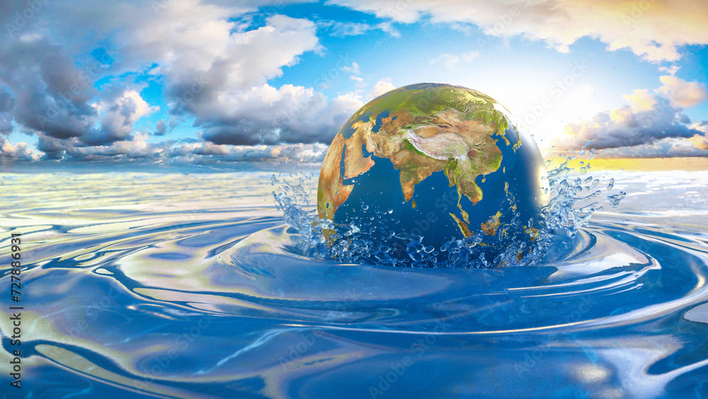 Erde fällt ins Meer mit Wolkenhimmel und Sonnenschein im Hintergrund - Earth Rescue