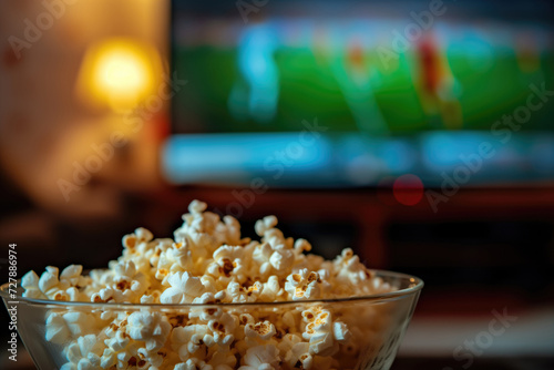 A football match on TV in the living room, with a bowl of freshly popped popcorn