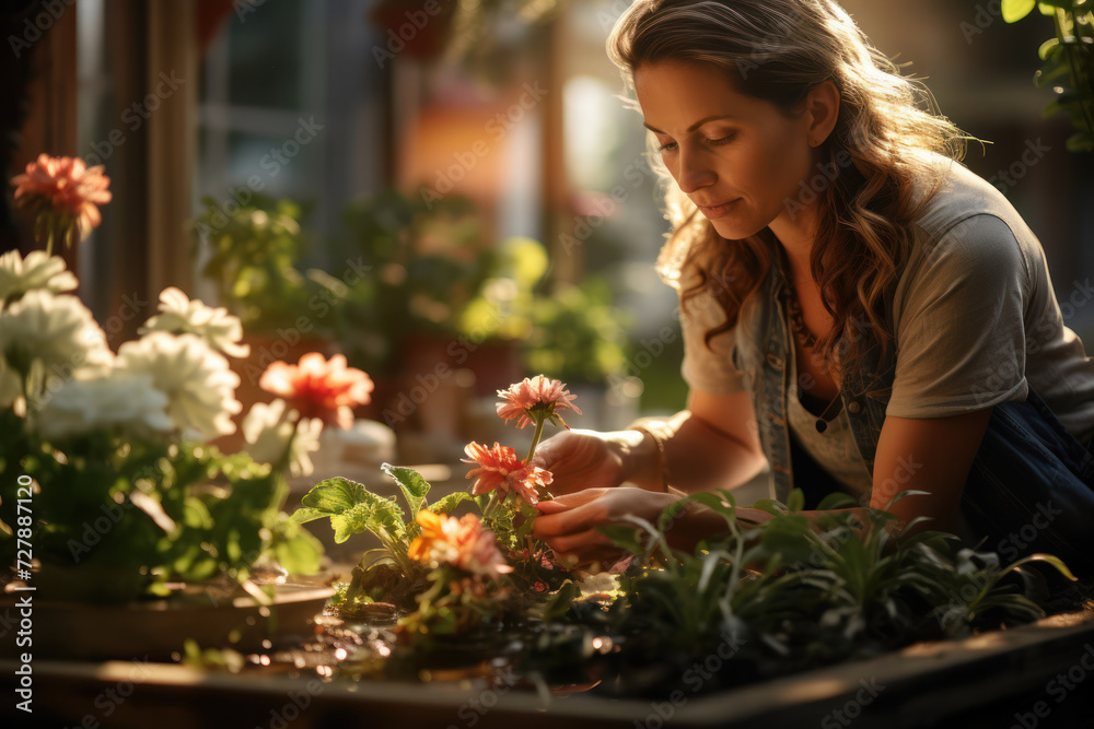 A woman tends to her garden with a nurturing touch, the blooms reflecting not just her green thumb but also the therapeutic nature of cultivating one's own space.  Generative Ai.