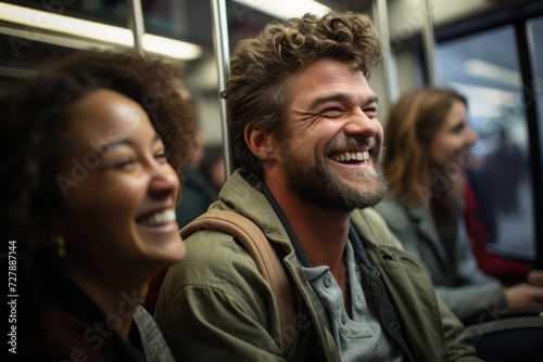 A commuter shares a smile with a fellow passenger on a crowded train, creating a brief yet genuine connection amidst the hustle and bustle of daily life. Generative Ai.