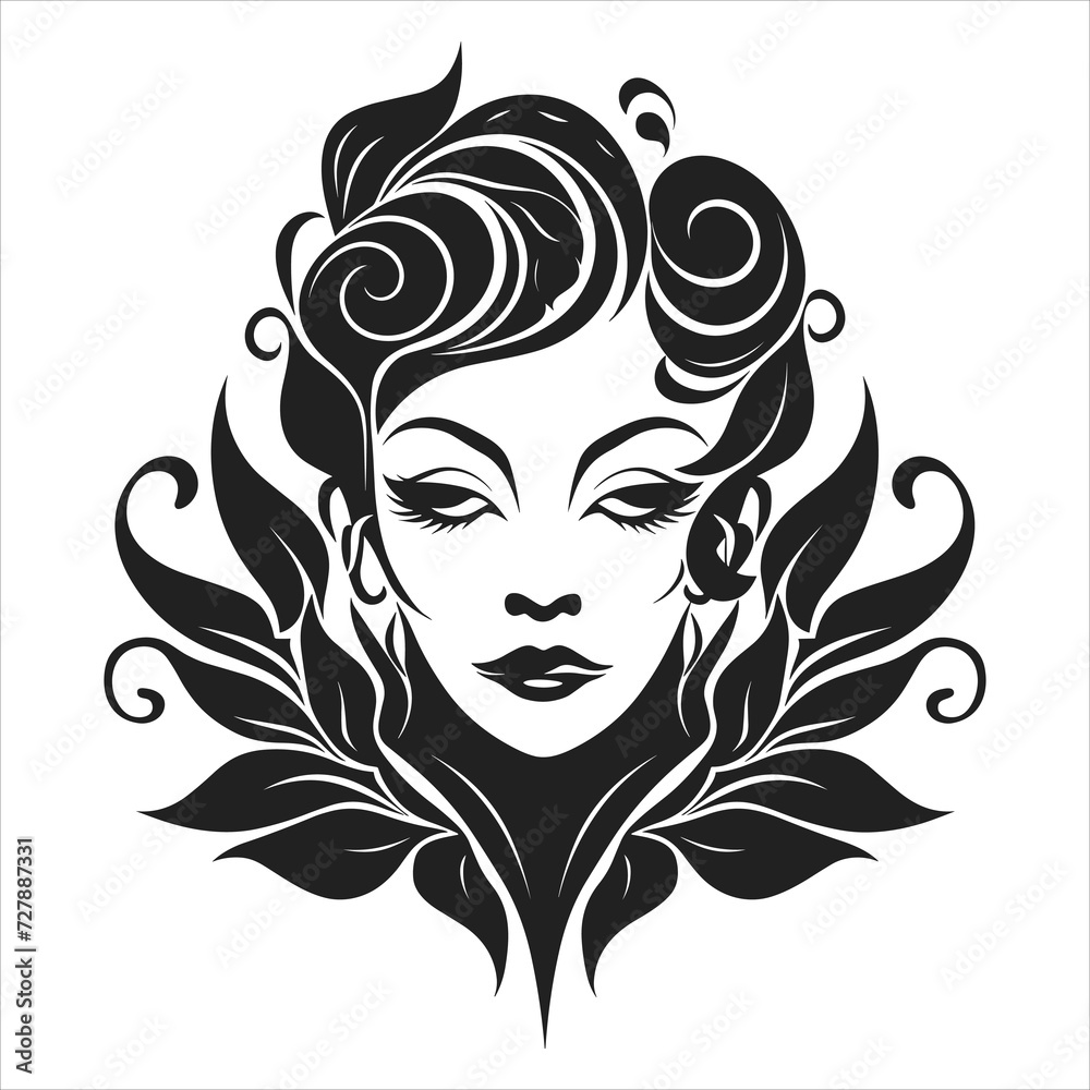 Elegant lines black logo with female face icon in black and white Elegant lines black logo with female face icon in black and white