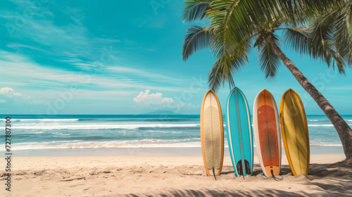 Surfboards on the tropical beach by the ocean with palm tree, Summer wallpaper background. Travel, adventure and water sports. Colorful surfboards lined up on a sunny sandy beach with palm trees. © Nataliia_Trushchenko