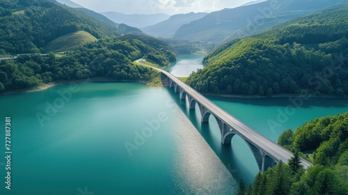 Aerial perspective, a bridge gracefully spans Dam, harmonizing with the picturesque mountain backdrop.  © DreamPointArt