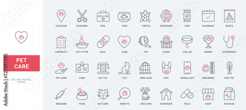 Pet care and veterinarian help in clinic line icons set. Dog and cat food, bone and toys, vaccine calendar and chip for veterinary service thin black and red outline symbols, vector illustration