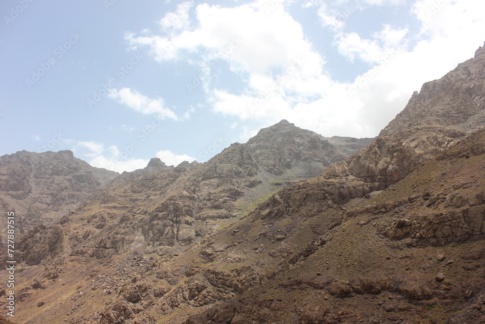 Toubkal national park  mount, start point for hike to Jebel Toubkal, a highest peak of Atlas mountains and Morocco