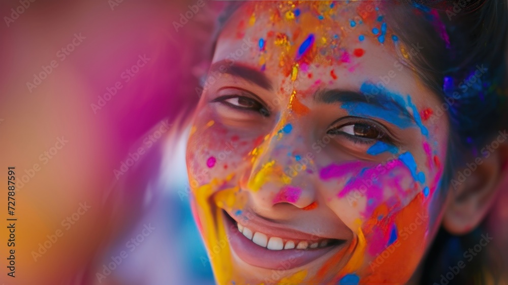 A joyful celebration of the Holi Festival unfolds as a woman's face is covered with vibrant and colorful paints. A joyful celebration of the Holi Festival unfolds as a woman's face is covered with vibrant and colorful paints.