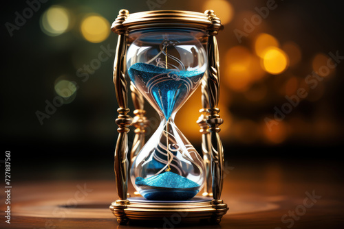 A sophisticated hourglass icon, adorned with ornamental details, symbolizes the passage of time and the strategic management of resources. Concept of time-sensitive decision-making. Generative Ai.