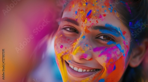 A joyful celebration of the Holi Festival unfolds as a woman's face is covered with vibrant and colorful paints. 