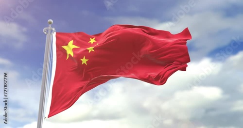 Realistic China Flag Waving In The Wind. Slow Motion China Flag And Cloudy Sky Background. Seamless Loop Animation. photo