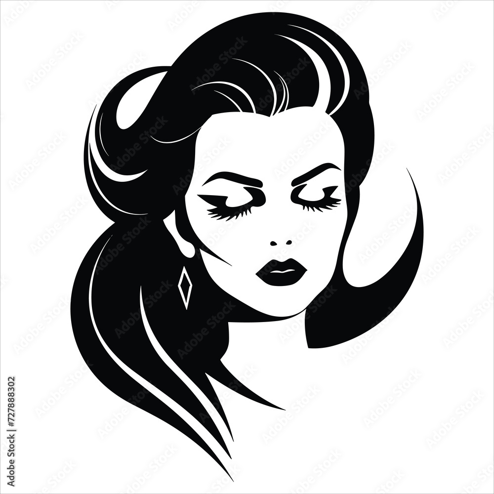 Elegant lines black logo with female face icon in black and white Elegant lines black logo with female face icon in black and white