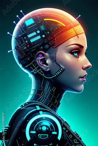 3D illustration of science fiction female humanoid cyborg lost in futuristic neon lit cyberpunk city
