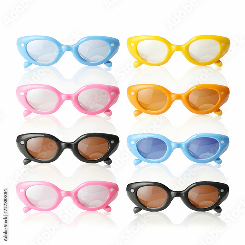 Sunglasses composition in many bright colors in transparent plastic. Top view with shadow. Trendy glasses isolated on white background. Glasses with polarized lenses. Fashionable eyewear for women.